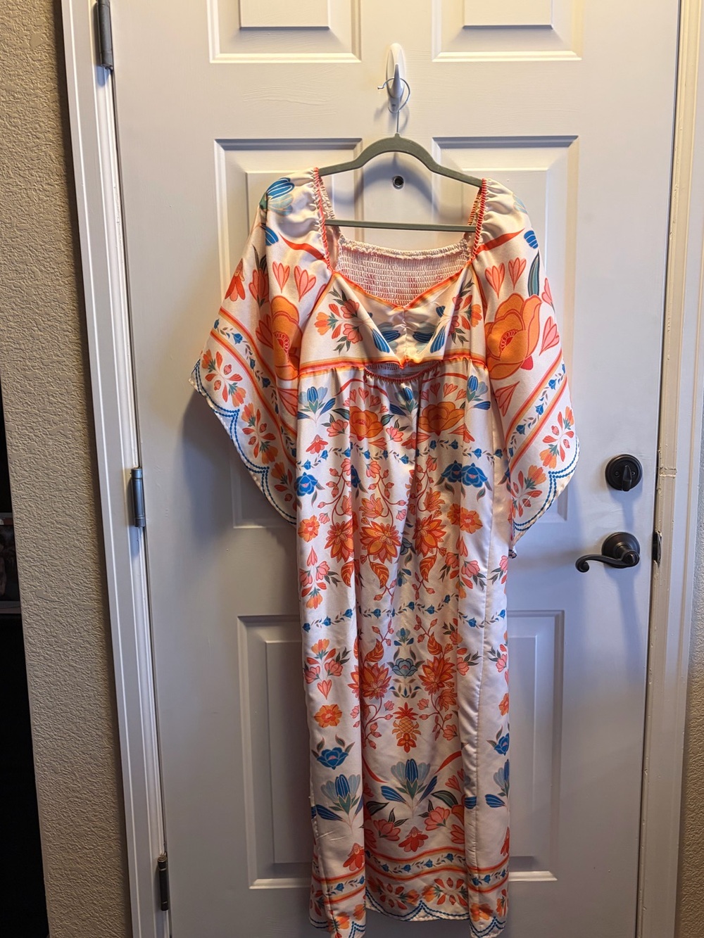 SHEIN White Caftan Dress with Orange & Blue Floral Embroidery